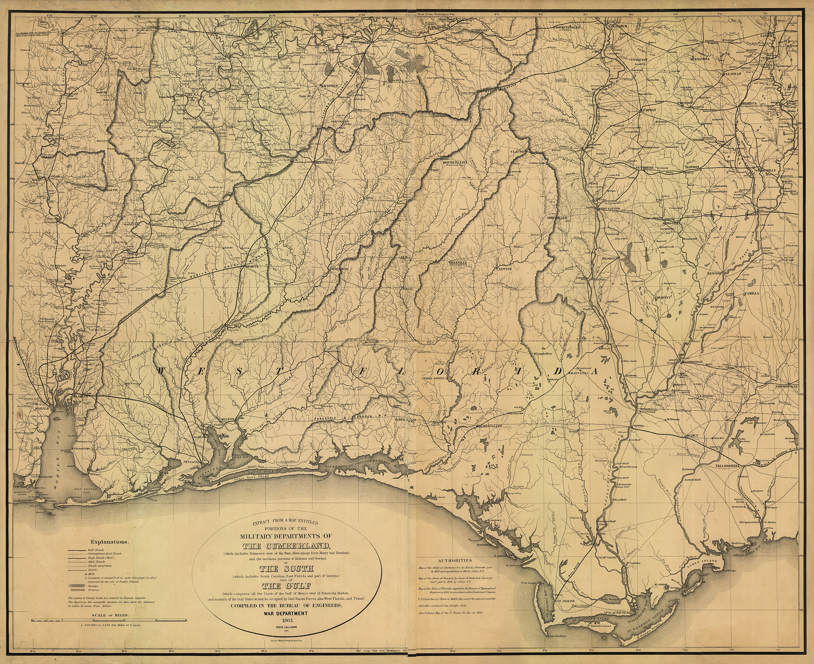 Military Map of the Confederate States and the Gulf, 1863 — antique map
