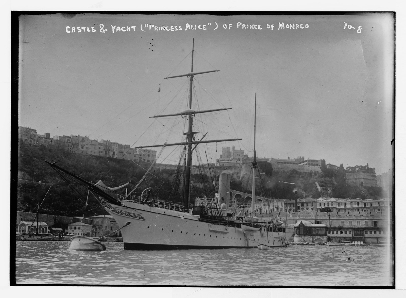Princess Alice - yacht of Prince of Monaco, castle in background, Monaco, n/a — historic photograph