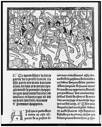 [Knights, some on horseback, in hand-to-hand combat]