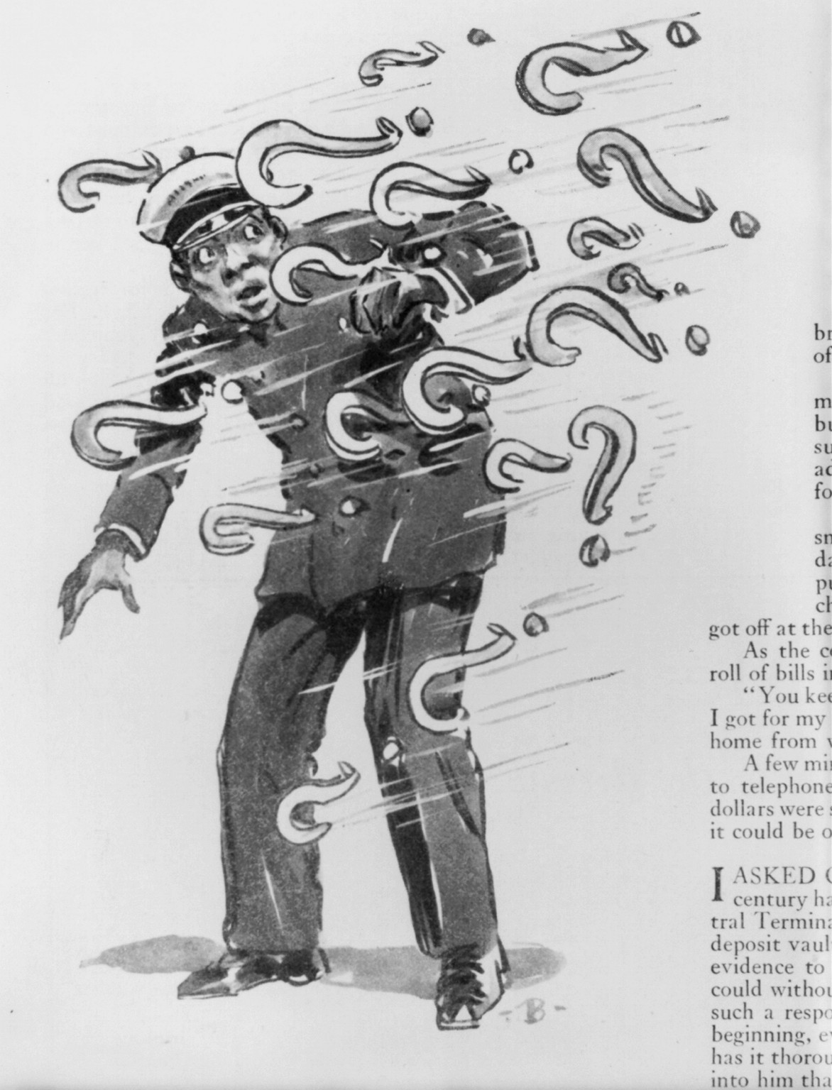 [Porter with question marks all around him], 1928 — historic print