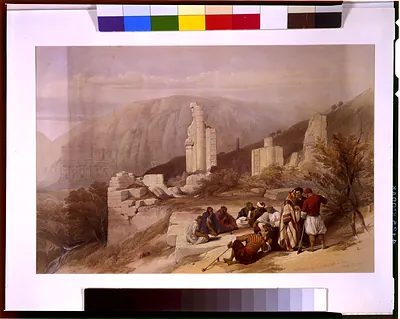 Remains of a triumphal arch at Petra March 8th 1839 / David Roberts.