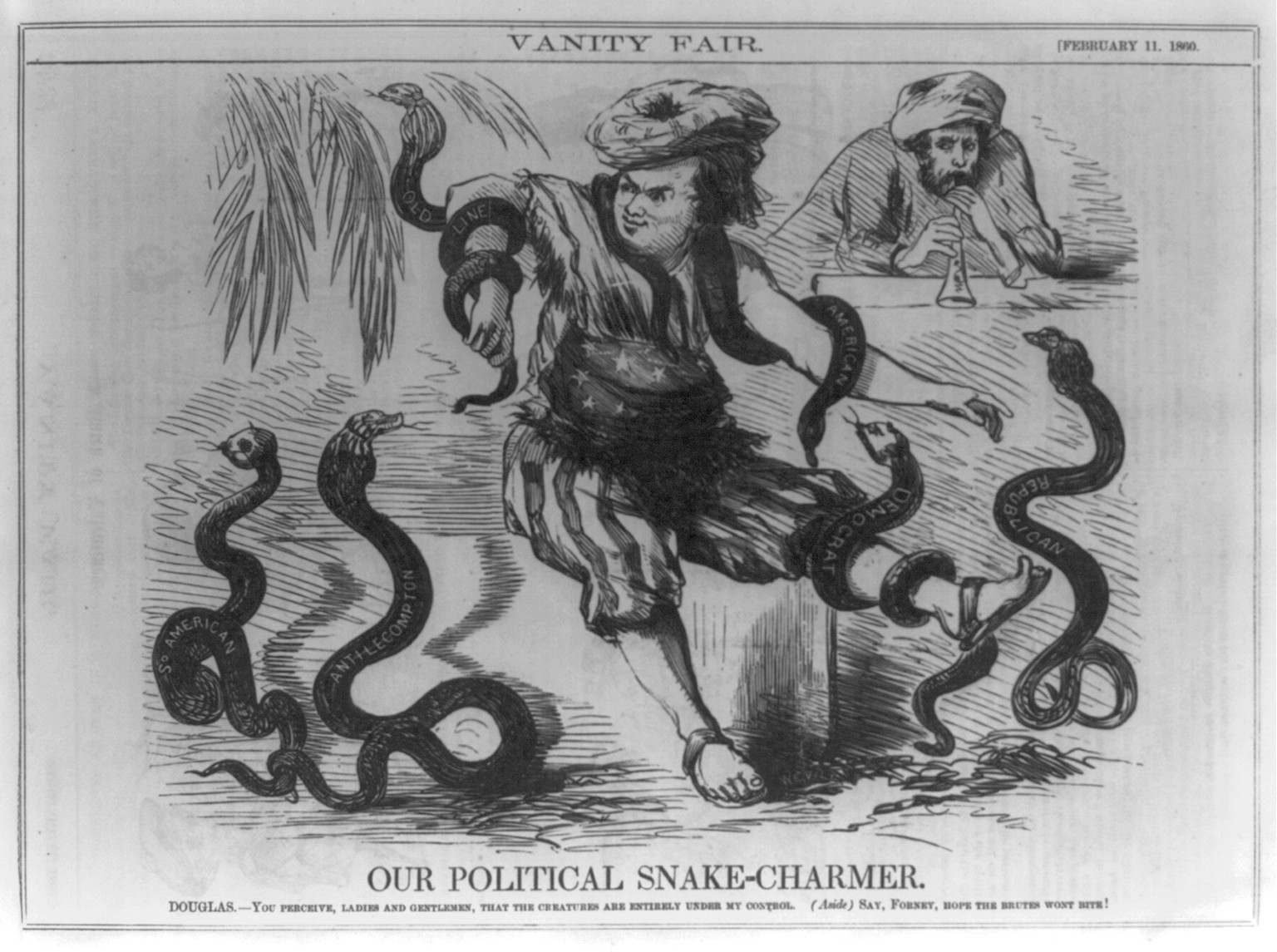 Our political snake-charmer, 1860 Feb. 11. — antique engraving