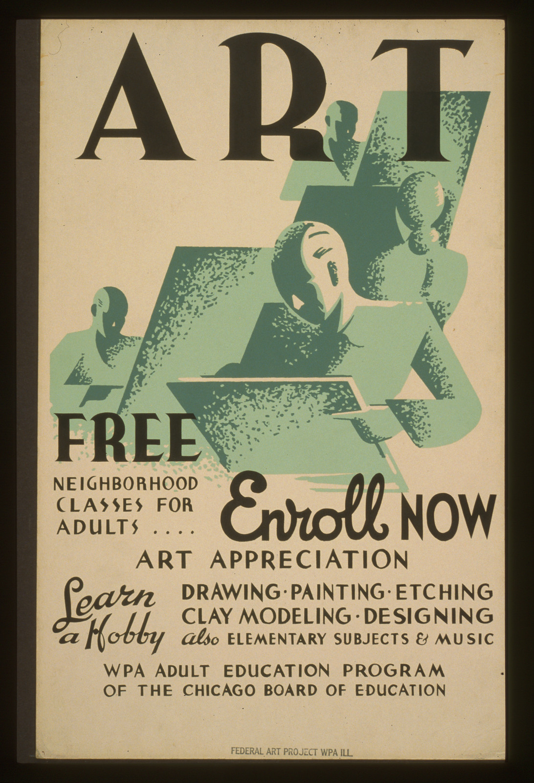 Art - Free neighborhood classes for adults ... enroll now, 1936 — vintage poster