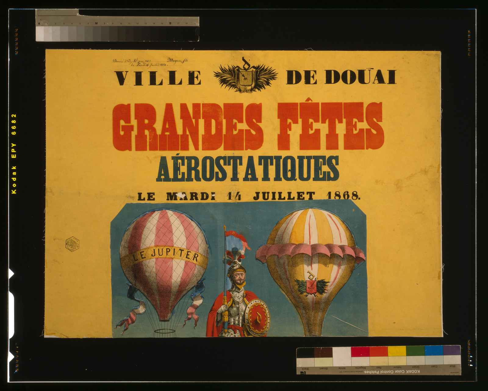 Grandes fêtes aérostatitiques le mardi 14 juillet 1868 gayant s'élevant dans les airs., Douai [France] : Imp. H. Legros, Typographie Mme Ceret-Carpentier, 1868. — vintage poster