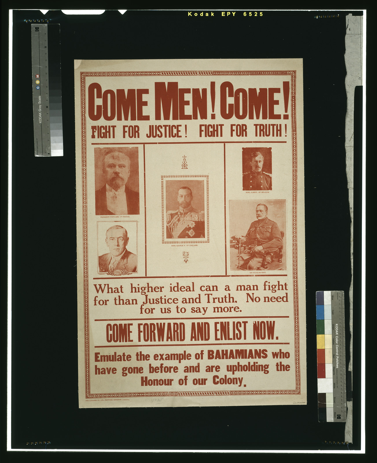 Come men! Come! Fight for justice! ... Emulate the example of Bahamians who have gone before and are upholding the honour of our colony / The Gleaner Co., Ltd., Printers, Kingston, Jamaica., [S.l. : s.n., 1915] — vintage poster