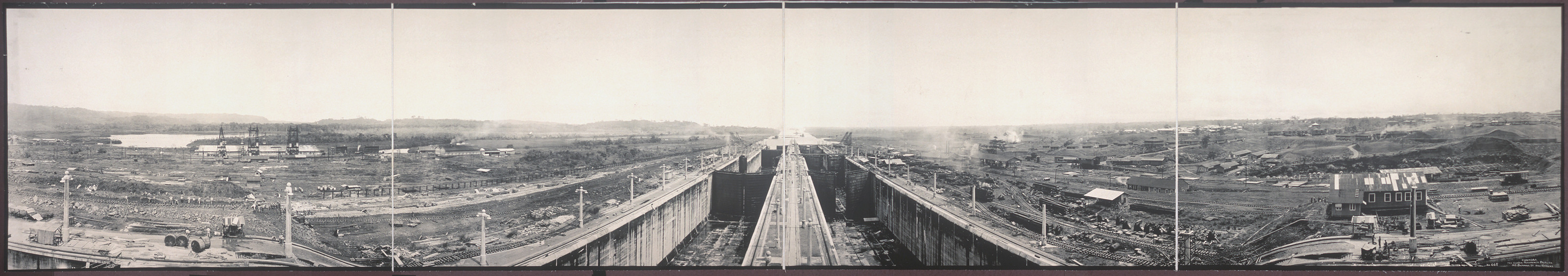 Panoramic view of Gatun Locks construction, Panama Canal — historic image