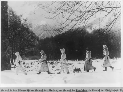 [German troops in winter uniform, 1942: five riflemen walking in Caucasus Mountains, Russia, December] / by Poetsch.