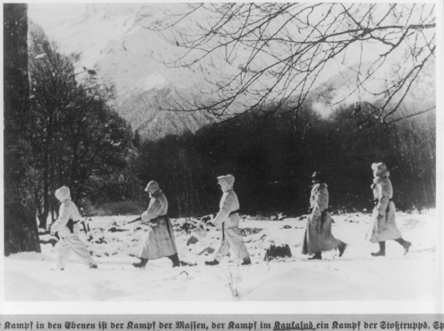 [German troops in winter uniform, 1942: five riflemen walking in Caucasus Mountains, Russia, December] / by Poetsch., 1942 — historic photograph