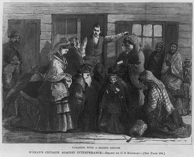 Woman's crusade against intemperance. Pleading with a saloonkeeper
