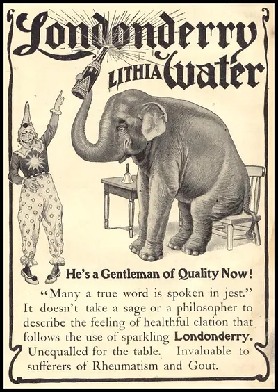 Londonderry Lithia Water advertisement with elephant and clown