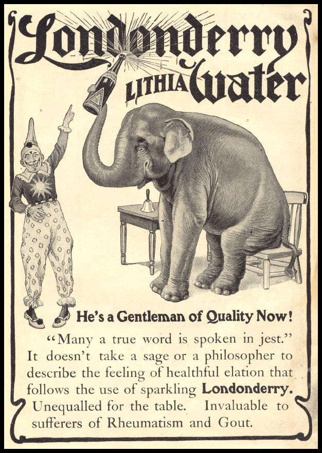 Londonderry Lithia Water advertisement with elephant and clown — historic image