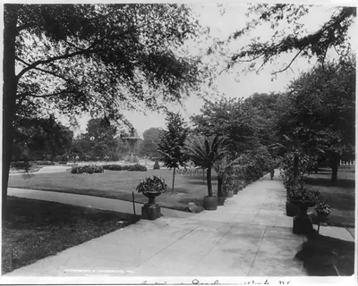 D.C. Washington. Botanical Gardens. View with Bartholdi Fountain in distance
