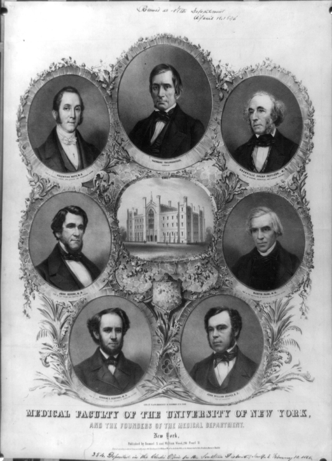 Medical faculty of the University of New York, and the founders of the medical department, 1846 Feb. 12. — historic print