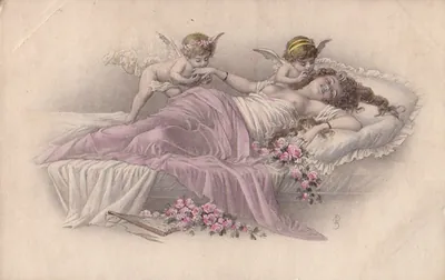 Sleeping woman with two cupids and pink roses