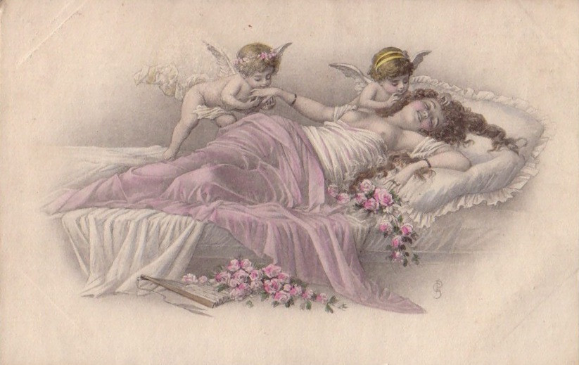 Sleeping woman with two cupids and pink roses — historic image