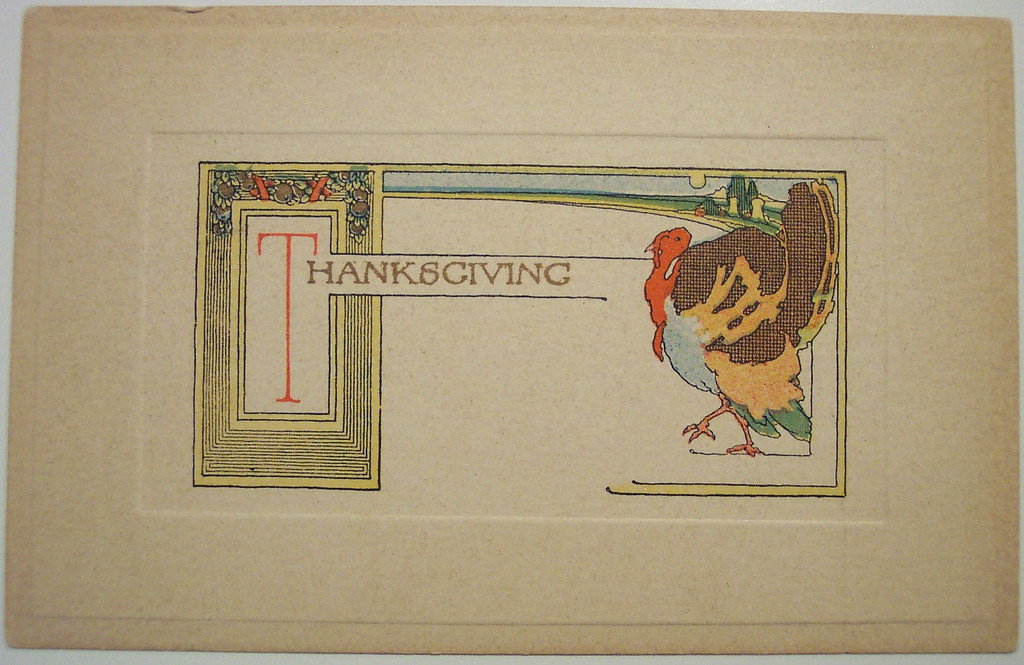 Thanksgiving postcard with decorative turkey and border — vintage postcard
