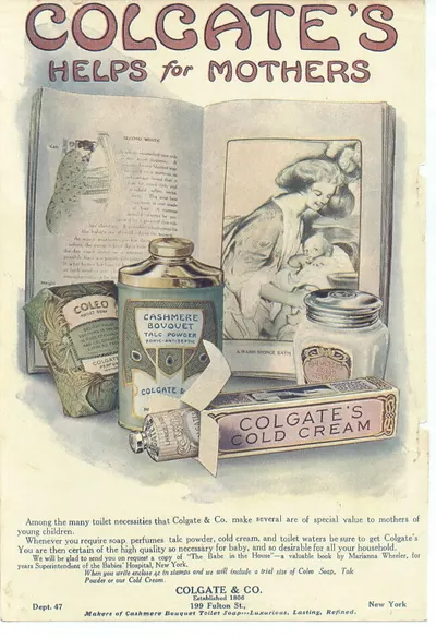 Colgate's Helps for Mothers advertisement with toilet products and talc