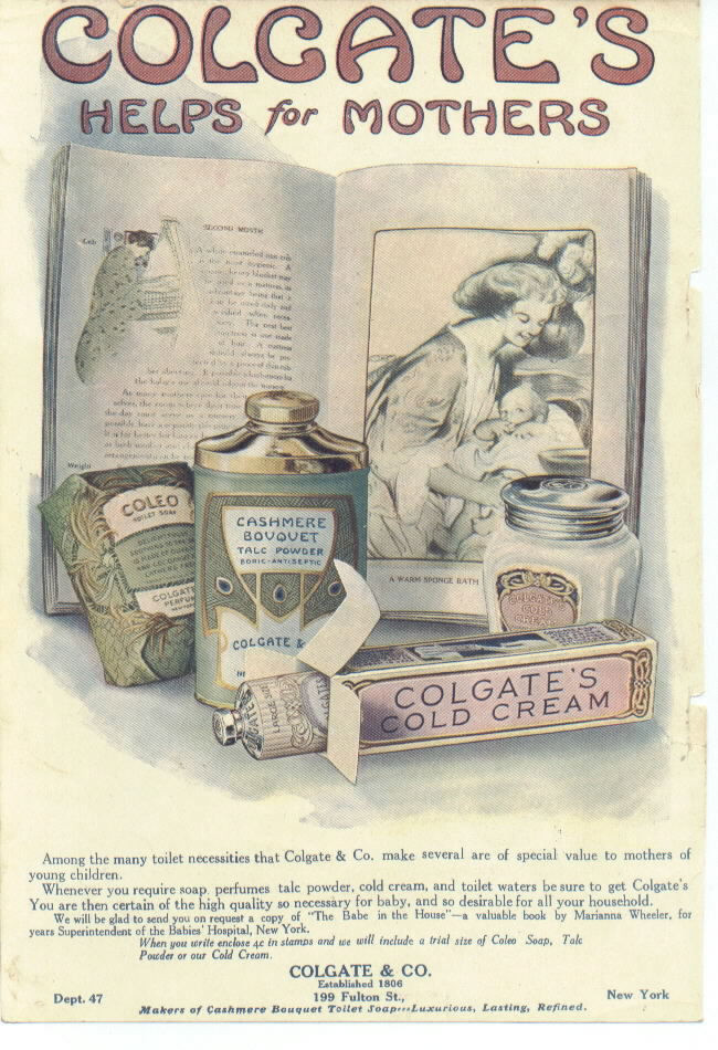 Colgate's Helps for Mothers advertisement with toilet products and talc — historic image