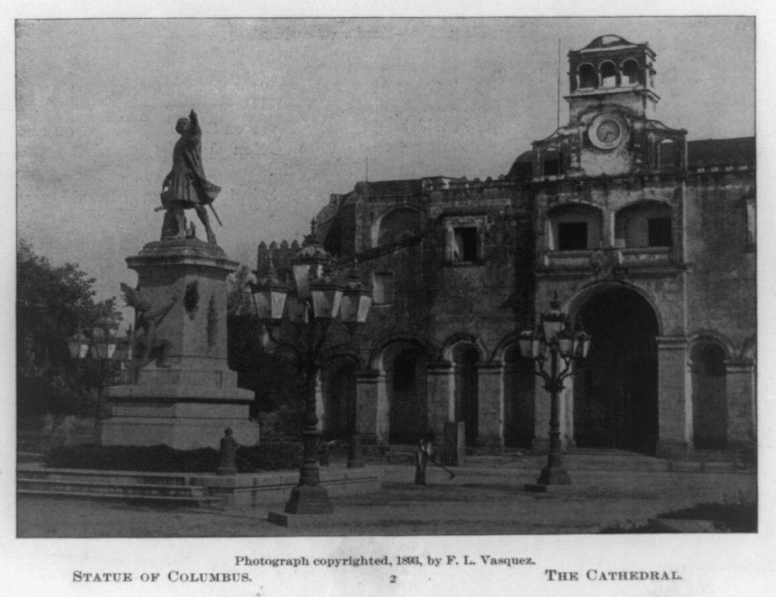Statue of Columbus [and] the Cathedral, c1893. — historic print