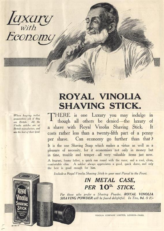 Royal Vinolia shaving stick advertisement, Luxury with Economy — historic image
