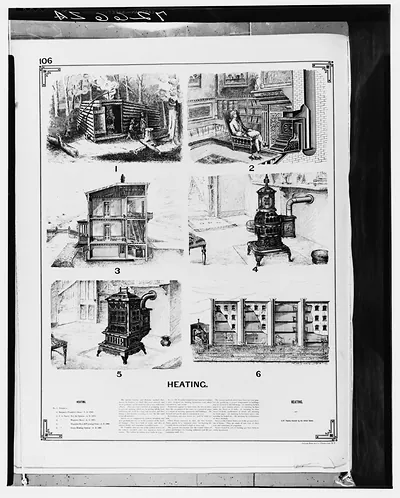 Page of heating stoves and fireplaces titled HEATING