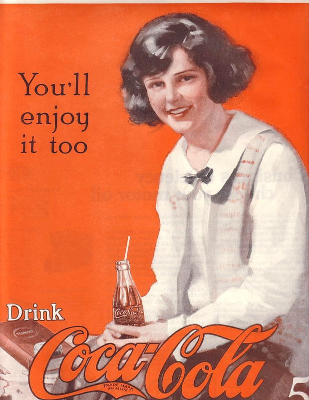 Coca-Cola advertisement, "You'll enjoy it too" with smiling young woman — historic image