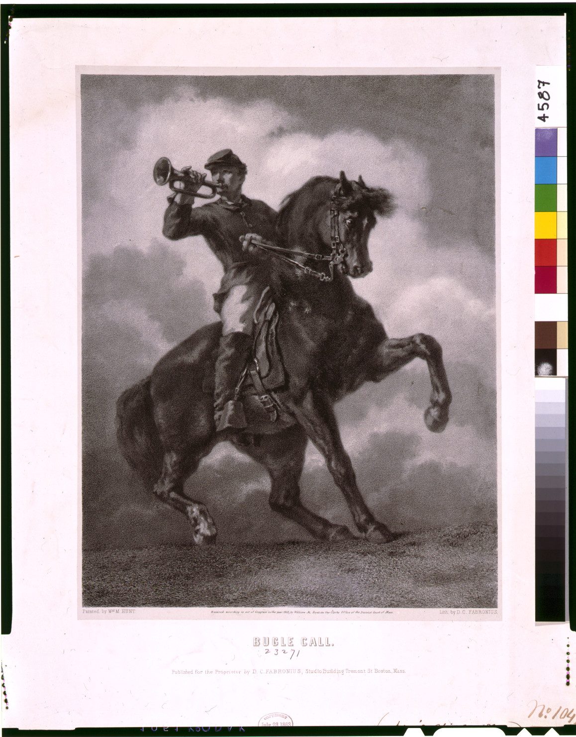 Bugle call / painted by Wm. M. Hunt ; lith by D.C. Fabronius., Boston : Published for the proprietor by D.C. Fabronius, c1863. — antique lithograph