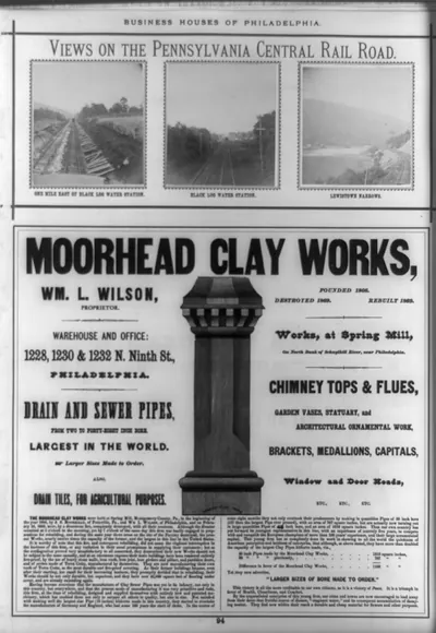 [Page with three original photoprints Views on the Pennsylvania Central Railroad" and advertisement for Moorhead Clay Works Philadelphia]"