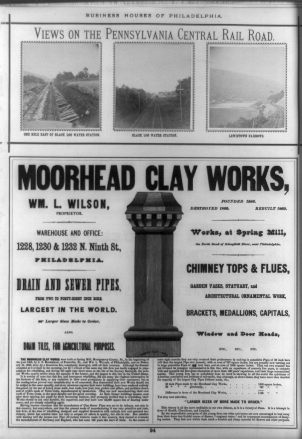 [Page with three original photoprints Views on the Pennsylvania Central Railroad" and advertisement for Moorhead Clay Works Philadelphia]", Philadelphia : William G. Perry, c1871. — historic photograph