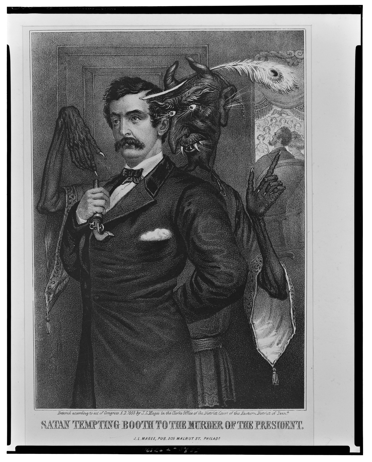 Satan tempting Booth to the murder of the President, [Philadelphia] : J[ohn] L. Magee, pub., 305 Walnut St. Philada., c1865. — antique lithograph