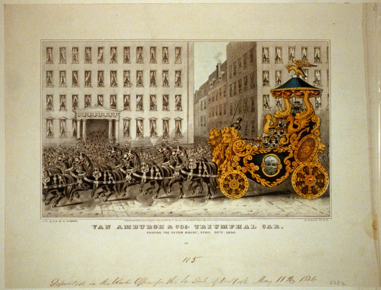 Van Amburgh & Cos. triumphal car: passing the Astor House, April 20th. 1846, New York : Published by N. Currier, c1846. — antique lithograph