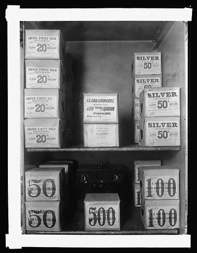 Treasury Dept. Ofc. of U.S. Treasuer. Reserve vault Cash room packages seen in picture c