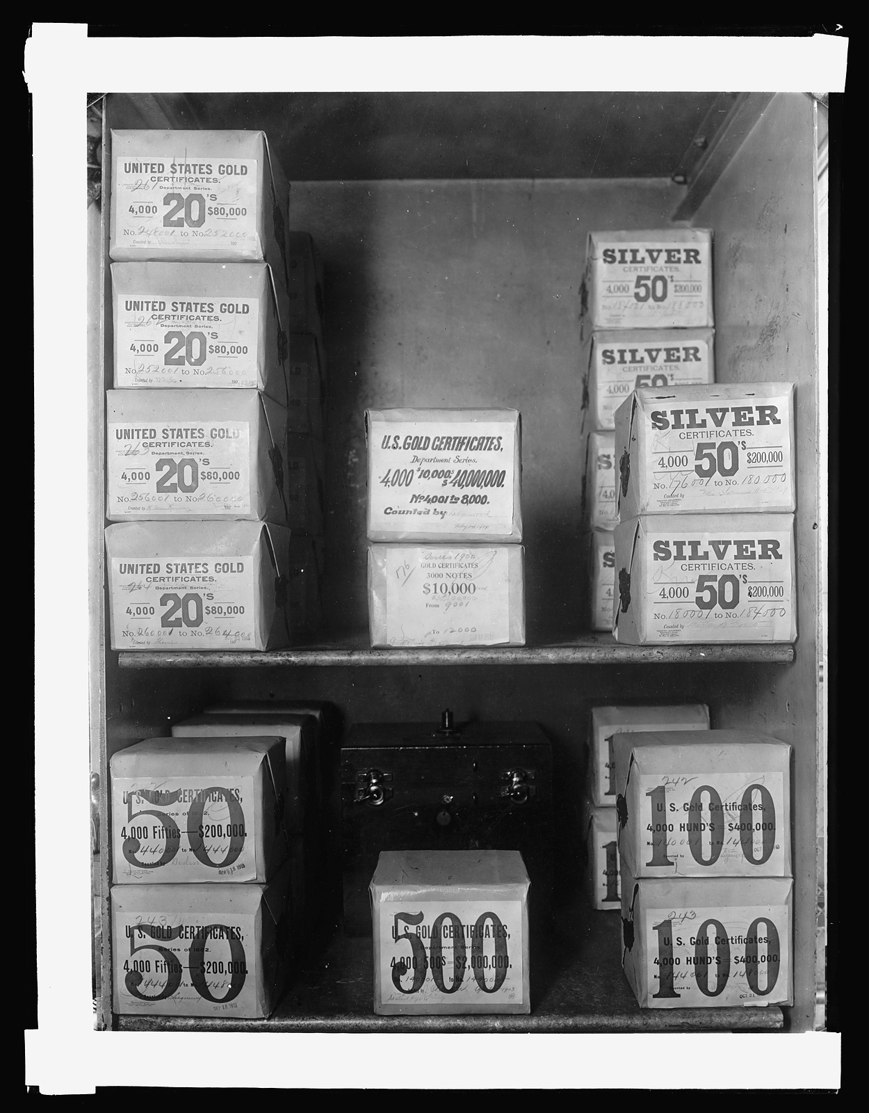 Treasury Dept. Ofc. of U.S. Treasuer. Reserve vault Cash room packages seen in picture c, [1914] — historic photograph