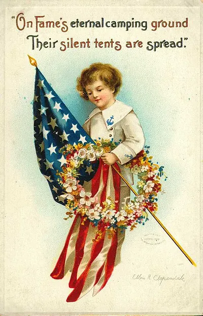 Child with flag and flower wreath, "On Fame's eternal camping ground
