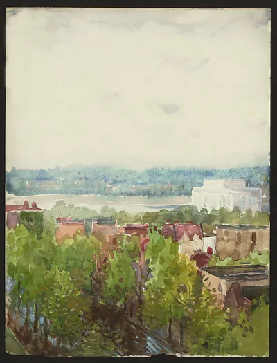 Watercolor view of rooftops, trees and a distant white building
