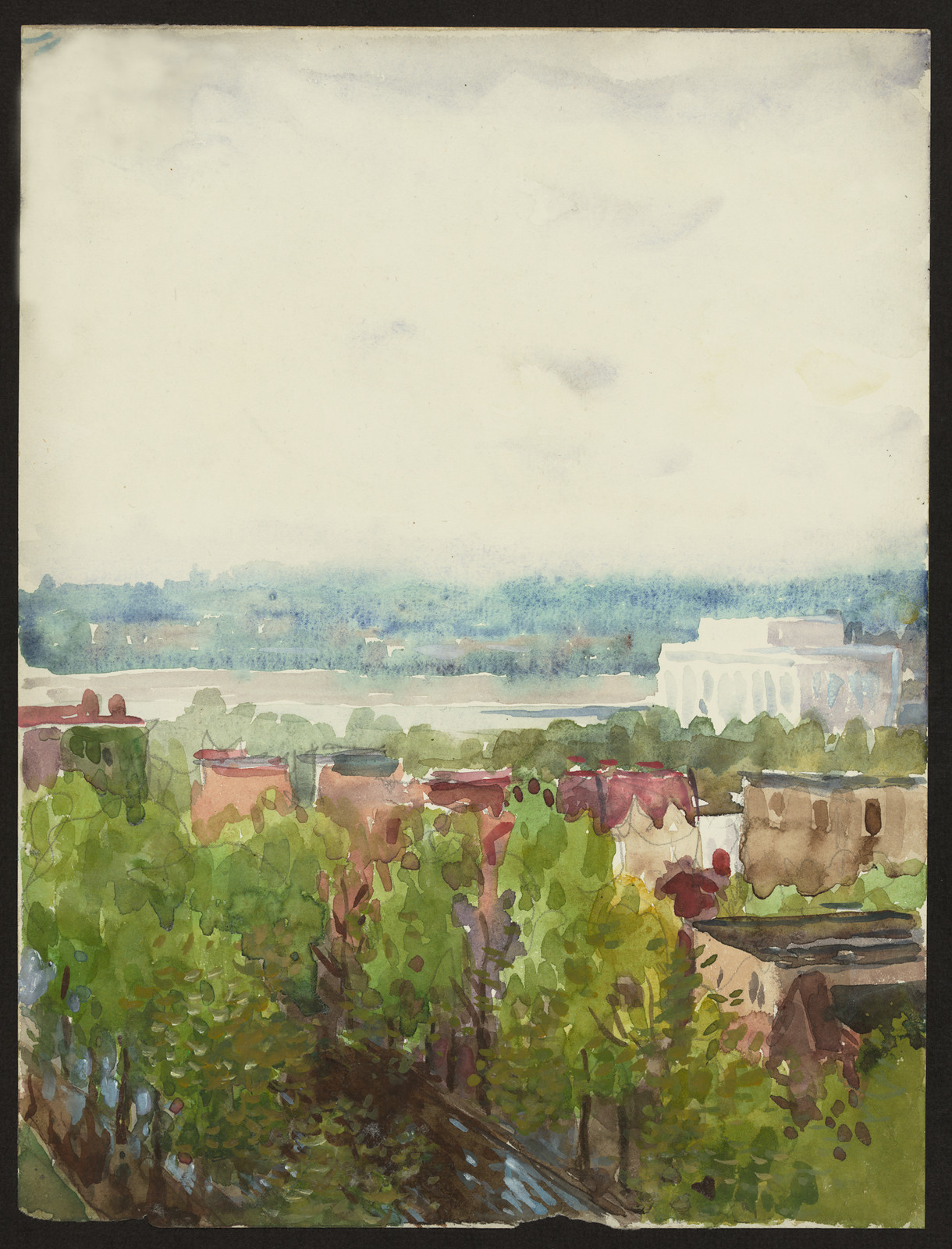 Watercolor view of rooftops, trees and a distant white building — historic image
