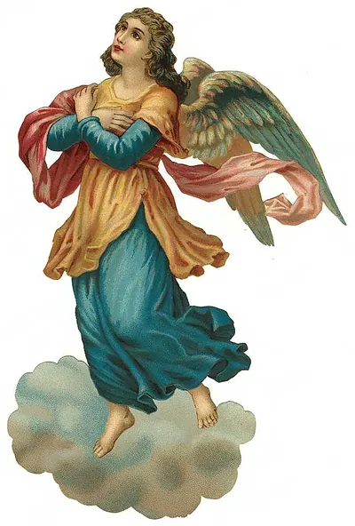Winged angel in gold and blue standing on clouds