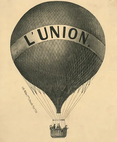 Lithograph of the balloon L'Union with passengers in basket