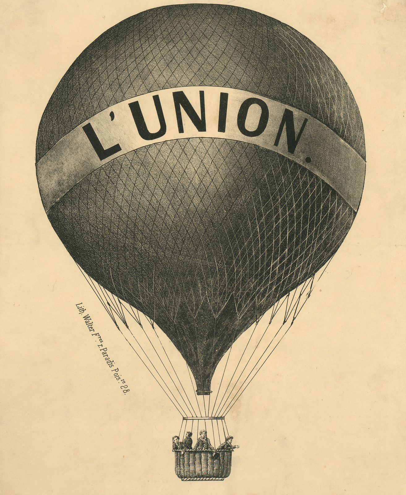 Lithograph of the balloon L'Union with passengers in basket — antique lithograph