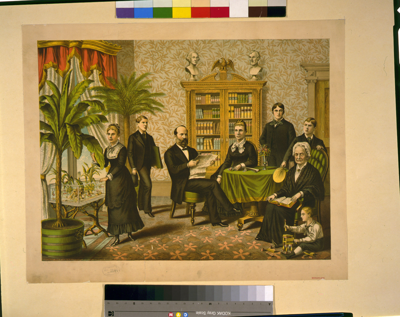 [James Garfield and family in library(?)], c1882. — antique lithograph