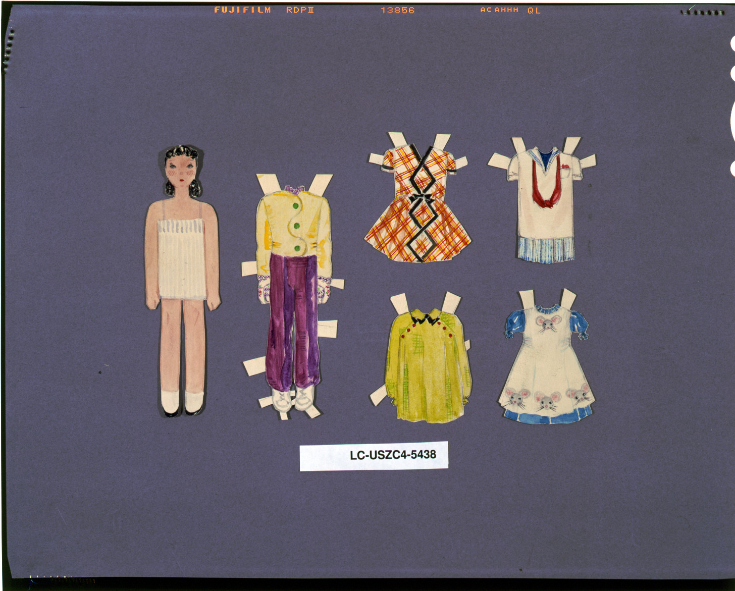 Paper doll with six paper clothing outfits on purple background — historic image