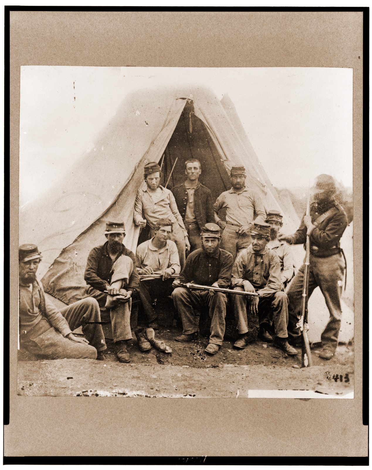 Group of soldiers of Co. G. 71st New York Volunteers posed in front of tent, 1861 — historic photograph