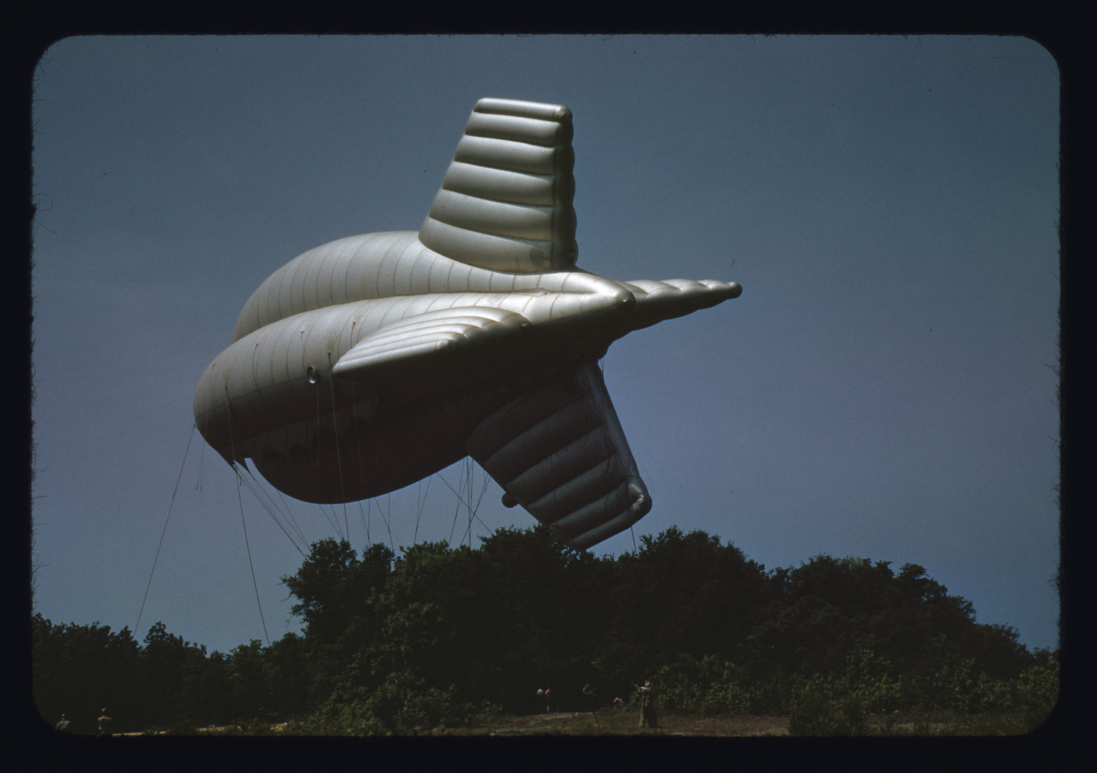 Silver finned barrage balloon above trees under blue sky — historic image