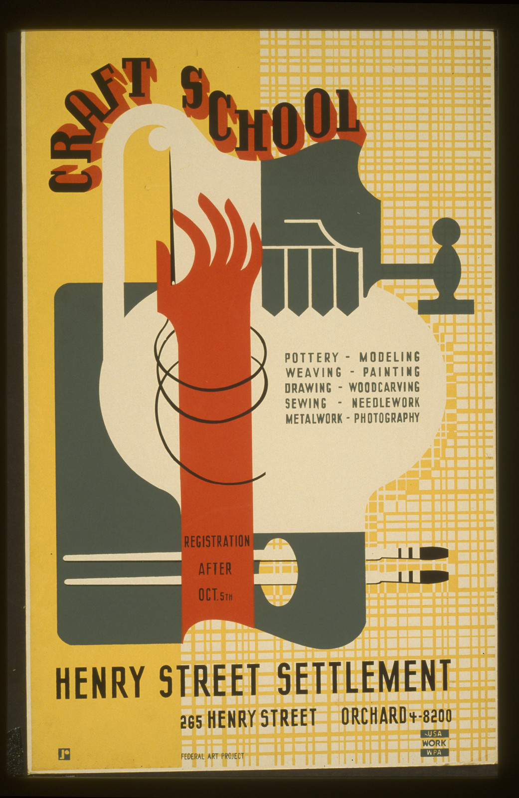 Craft school Pottery modeling weaving painting drawing woodcarving sewing needlework, 1936 — vintage poster