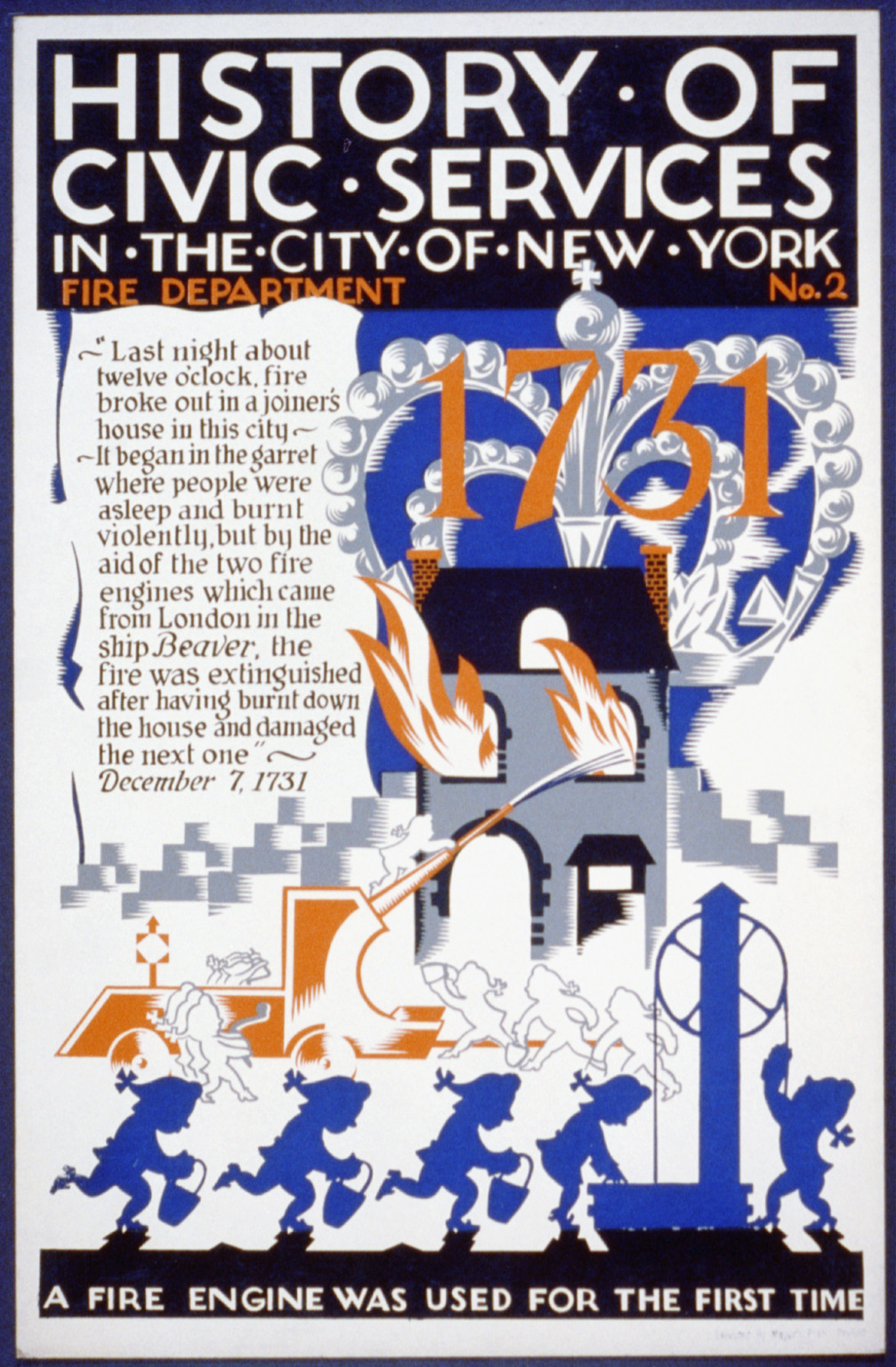 History of civic services in the city of New York Fire Department No. 2 (S) A fire engi, 1936 — vintage poster