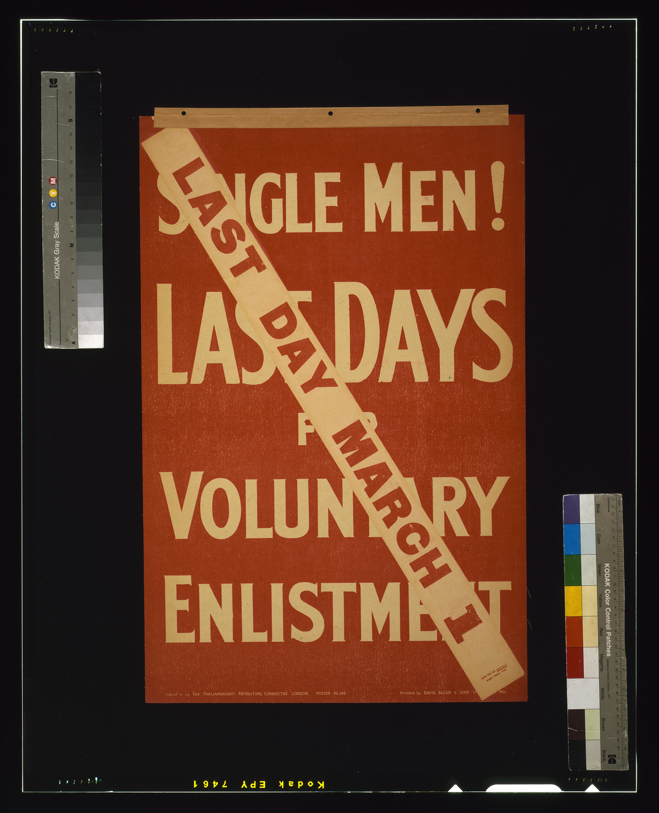 Single men! Last days for voluntary enlistment / printed by David Allen & Sons Ld., [Harrow], Mdx., London : Parliamentary Recruiting Committee, [1915] — vintage poster