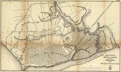 Rebel defences Mobile Alabama occupied by Union forces under Maj Gen ERS Canby, Alabama