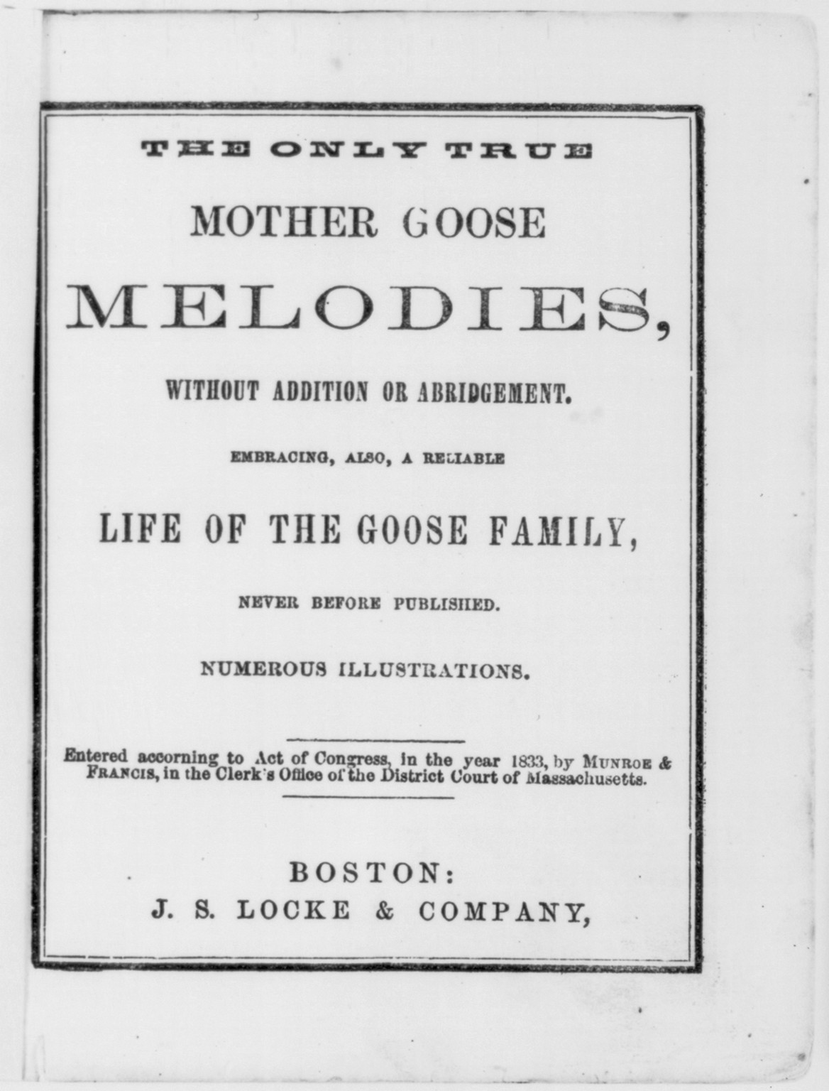 The Only True Mother Goose (Boston: Monroe & Francis) 1833 — historic image