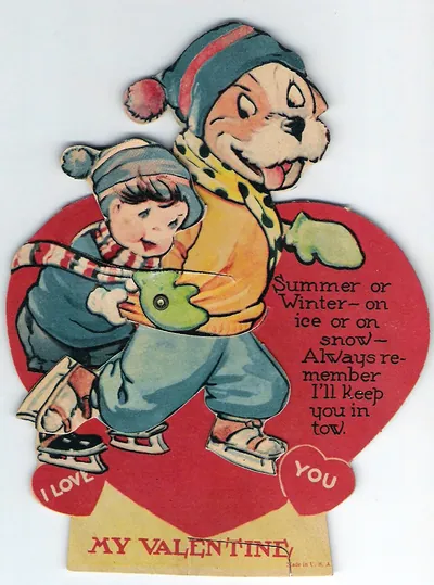 Die-cut vintage Valentine card with boy and dog ice skating