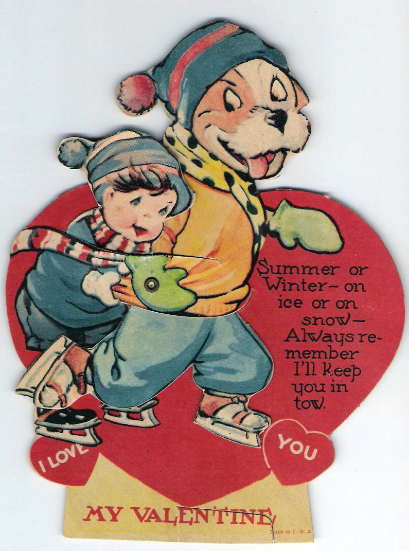 Die-cut vintage Valentine card with boy and dog ice skating — historic image